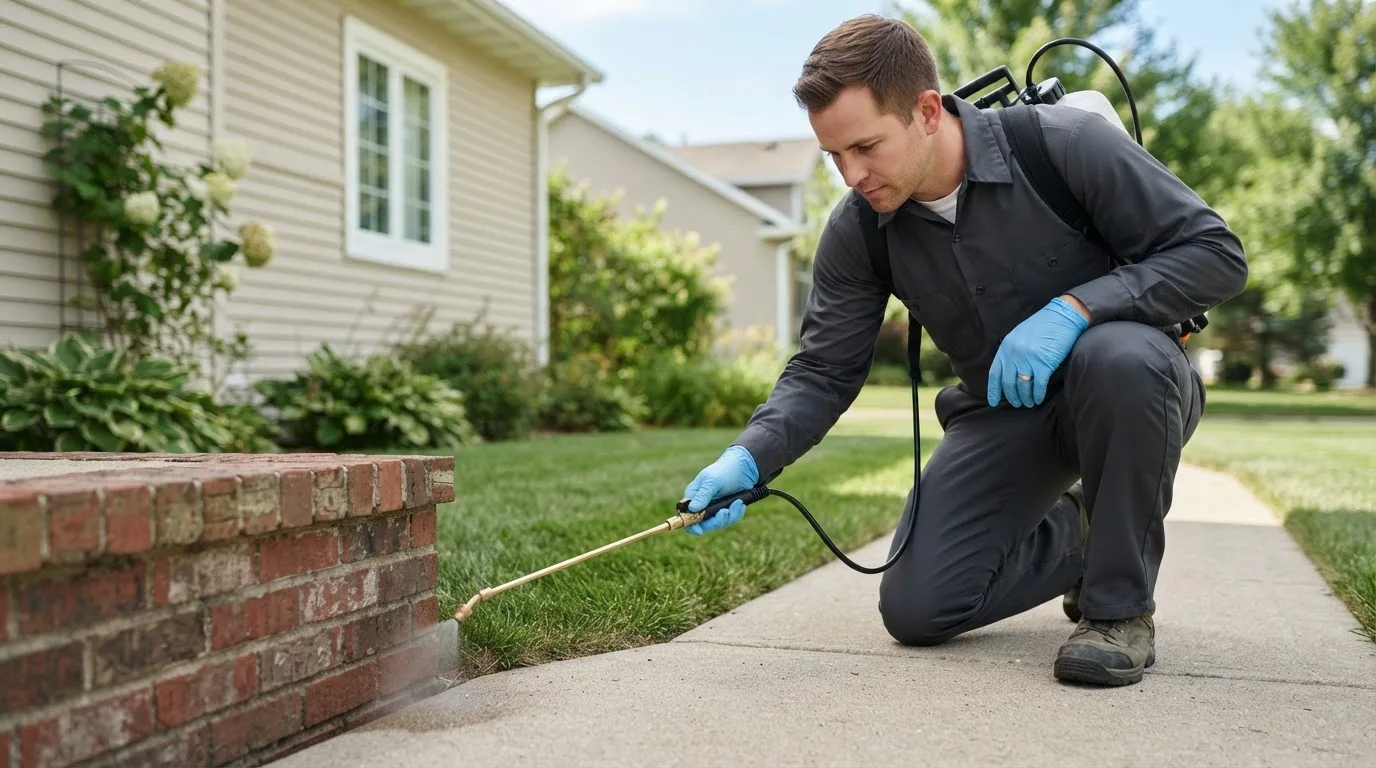 Pest control technician treating a home near Bergland, MI