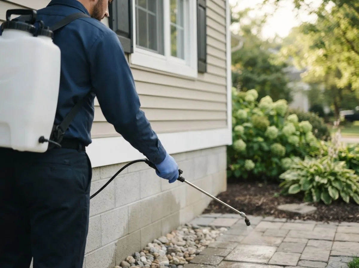 Pest control technician inspecting a home in Bergland, MI